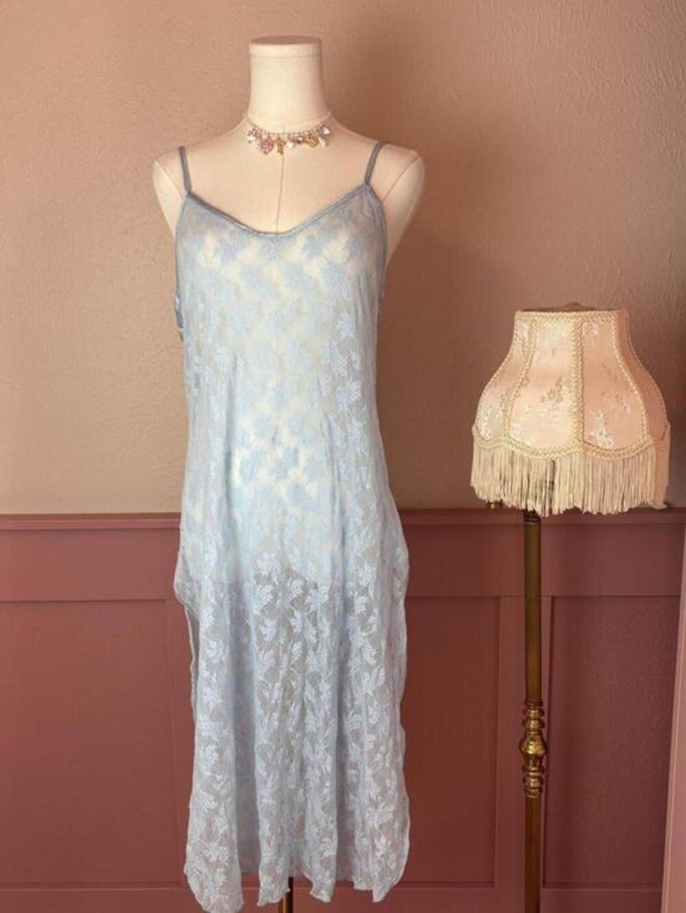 fairy coquette lace babydoll double slit midi dress light blue festival